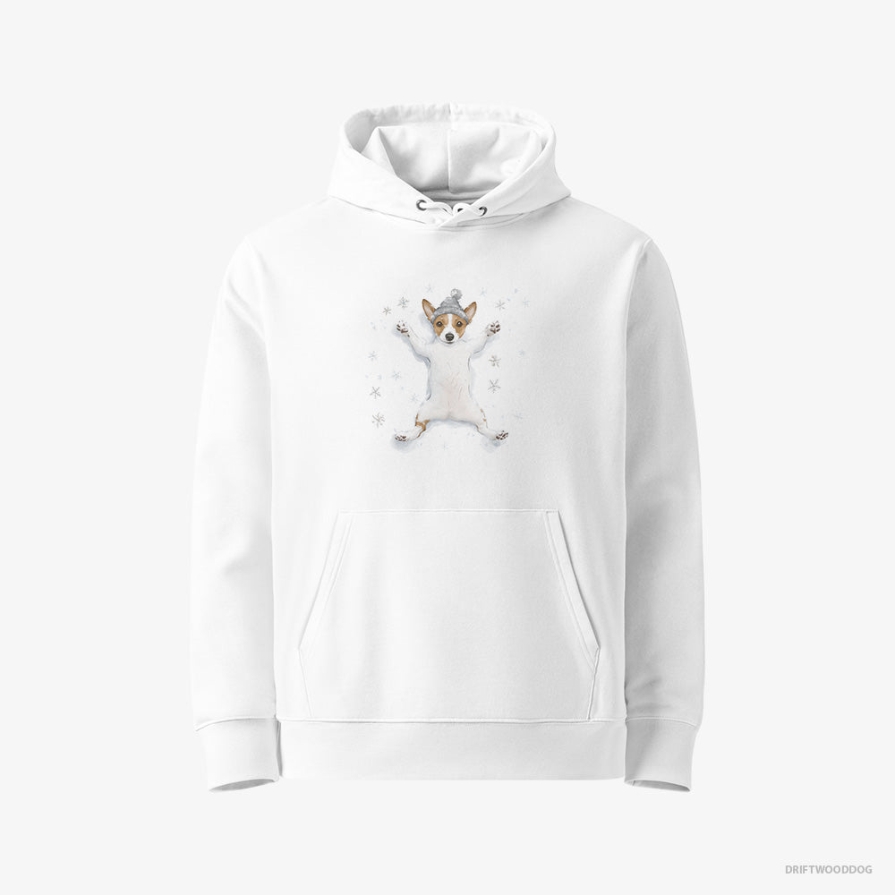 Jack Russell Terrier Hoodie – Women White Hoodie Eco-Friendly – Rolling in the Snow (on White Background)