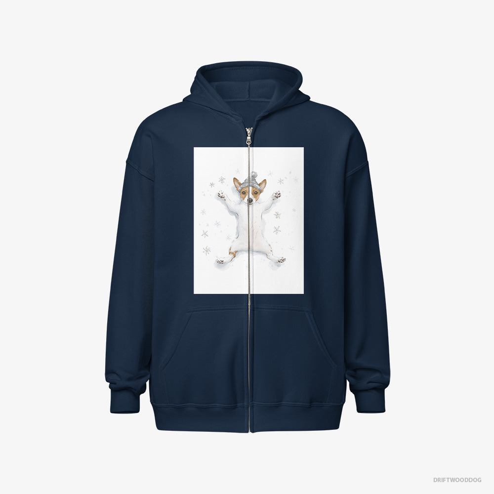 Jack Russell Terrier Hoodie – Women Navy Hoodie Full-Zip – Rolling in the Snow (on White Background)