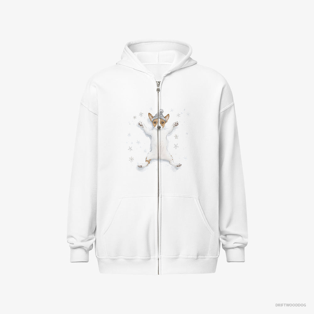 Jack Russell Terrier Hoodie – Women White Hoodie Full-Zip – Rolling in the Snow (on White Background)