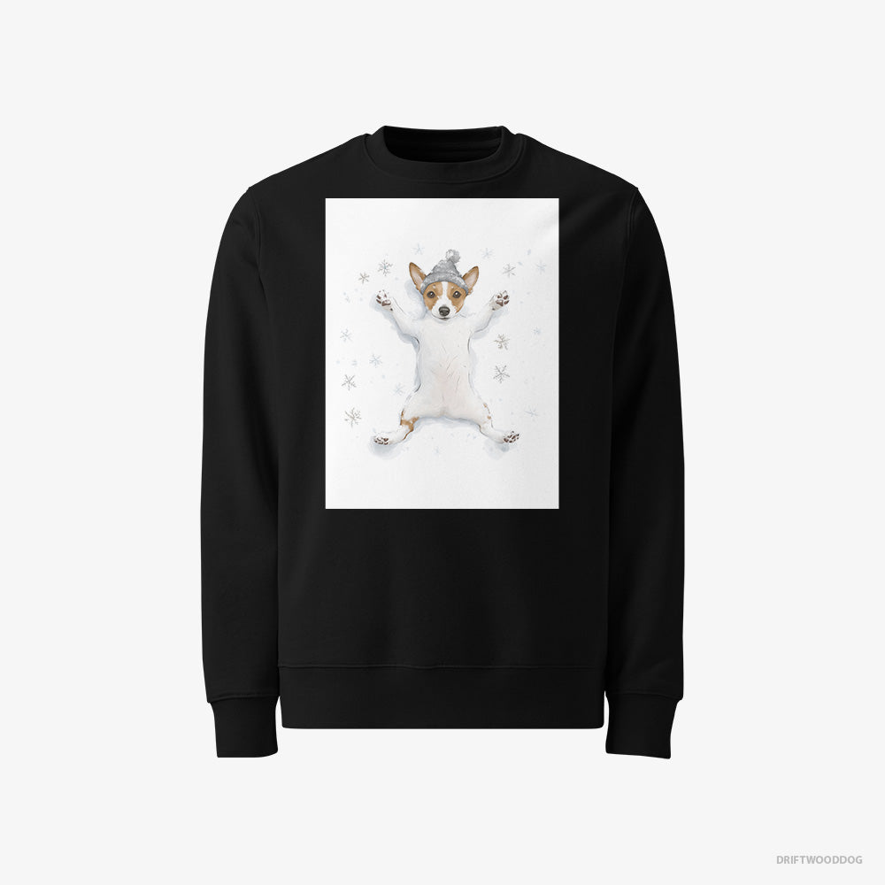 Jack Russell Terrier Sweatshirt – Women Black Sweatshirt Classic – Rolling in the Snow (on White Background)