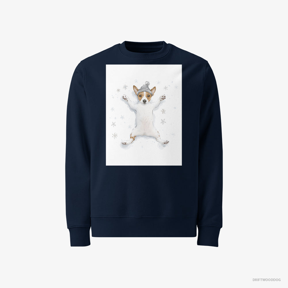 Jack Russell Terrier Sweatshirt – Women Navy Sweatshirt Classic – Rolling in the Snow (on White Background)