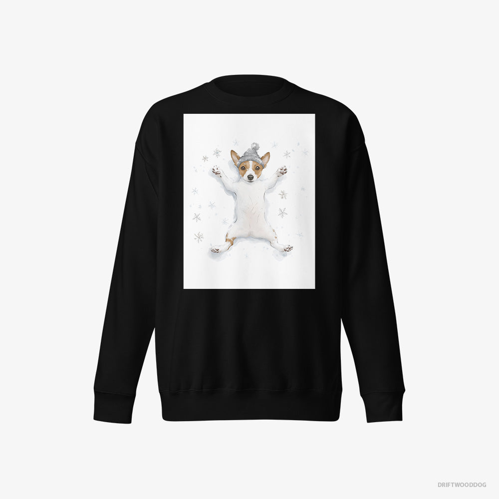 Jack Russell Terrier Sweatshirt – Women Black Sweatshirt Eco-Friendly – Rolling in the Snow (on White Background)