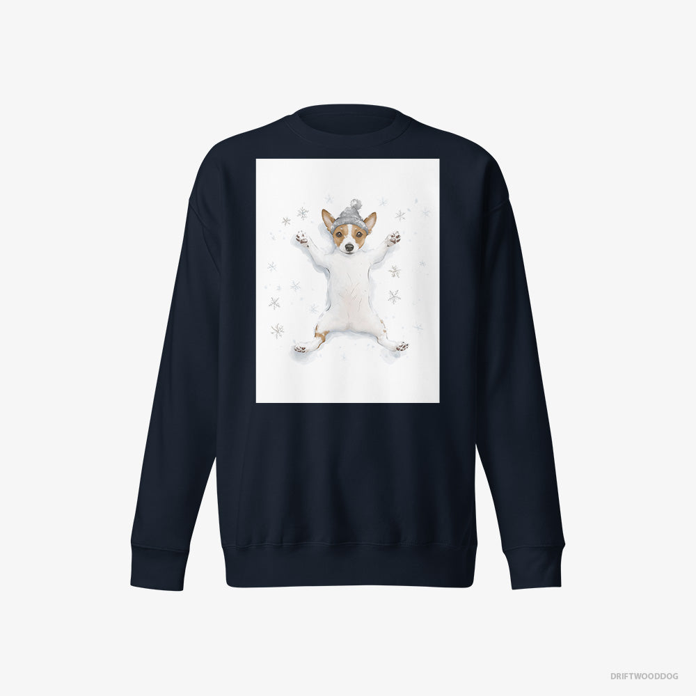 Jack Russell Terrier Sweatshirt – Women Navy Sweatshirt Eco-Friendly – Rolling in the Snow (on White Background)