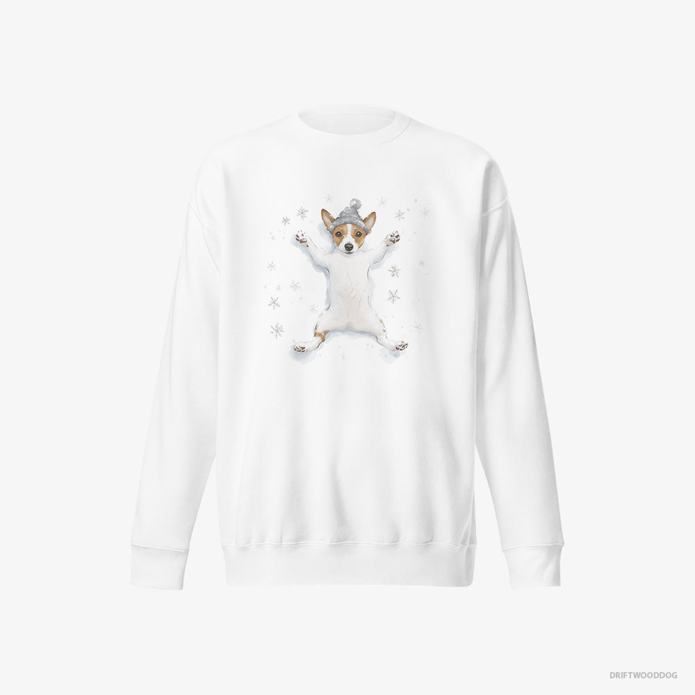 Jack Russell Terrier Sweatshirt – Women White Sweatshirt Eco-Friendly – Rolling in the Snow (on White Background)