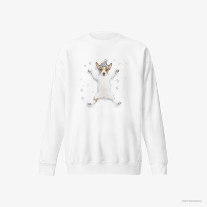 Jack Russell Terrier Sweatshirt – Women White Sweatshirt Eco-Friendly – Rolling in the Snow (on White Background)