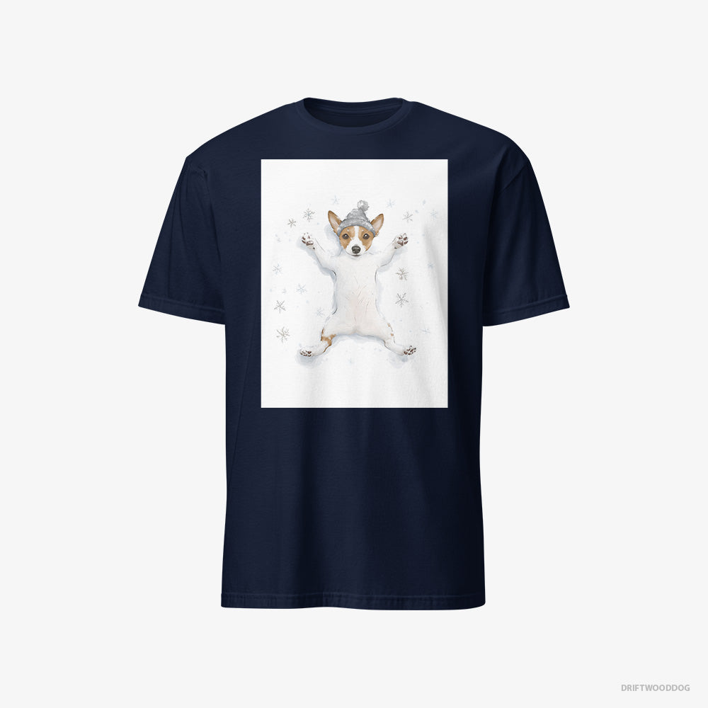 Jack Russell Terrier T-Shirt – Women Navy T-Shirt Classic – Rolling in the Snow (on White Background)