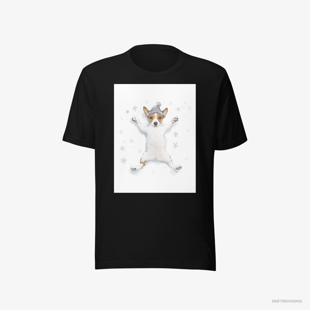 Jack Russell Terrier T-Shirt – Women Black T-Shirt Eco-Friendly – Rolling in the Snow (on White Background)