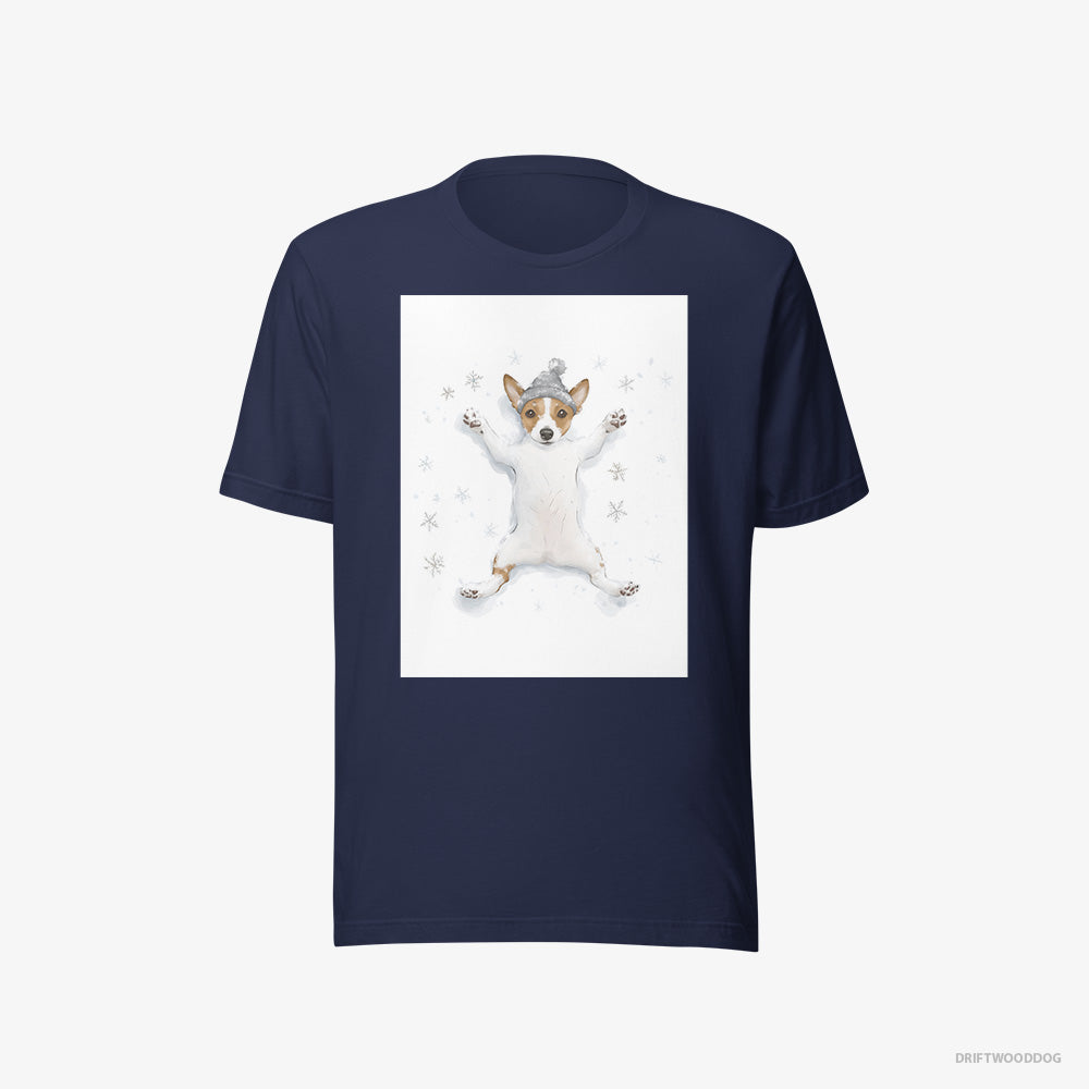 Jack Russell Terrier T-Shirt – Women Navy T-Shirt Eco-Friendly – Rolling in the Snow (on White Background)