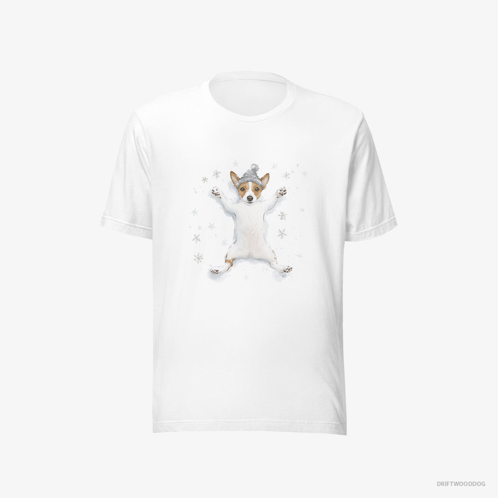 Jack Russell Terrier T-Shirt – Women White T-Shirt Eco-Friendly – Rolling in the Snow (on White Background)