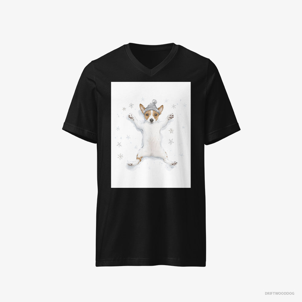 Jack Russell Terrier T-Shirt – Women Black T-Shirt V-Neck – Rolling in the Snow (on White Background)