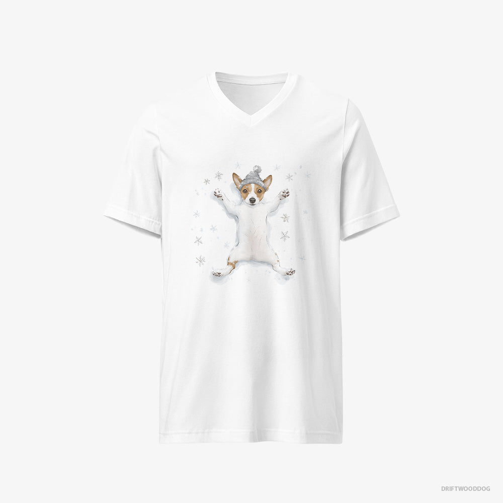 Jack Russell Terrier T-Shirt – Women White T-Shirt V-Neck – Rolling in the Snow (on White Background)