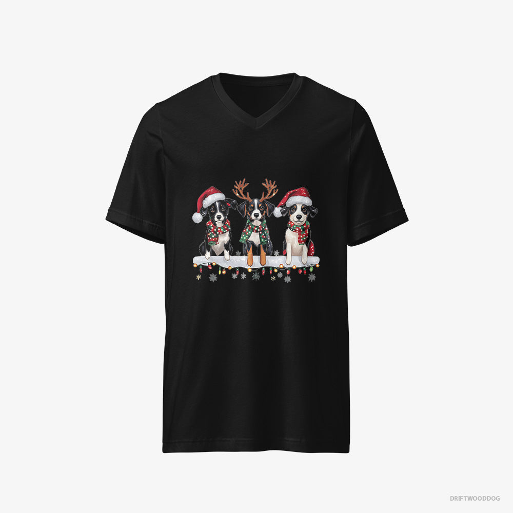 Border Collie T-Shirt – Men Black T-Shirt V-Neck – Puppies in the Christmas Spirit (on White Background)