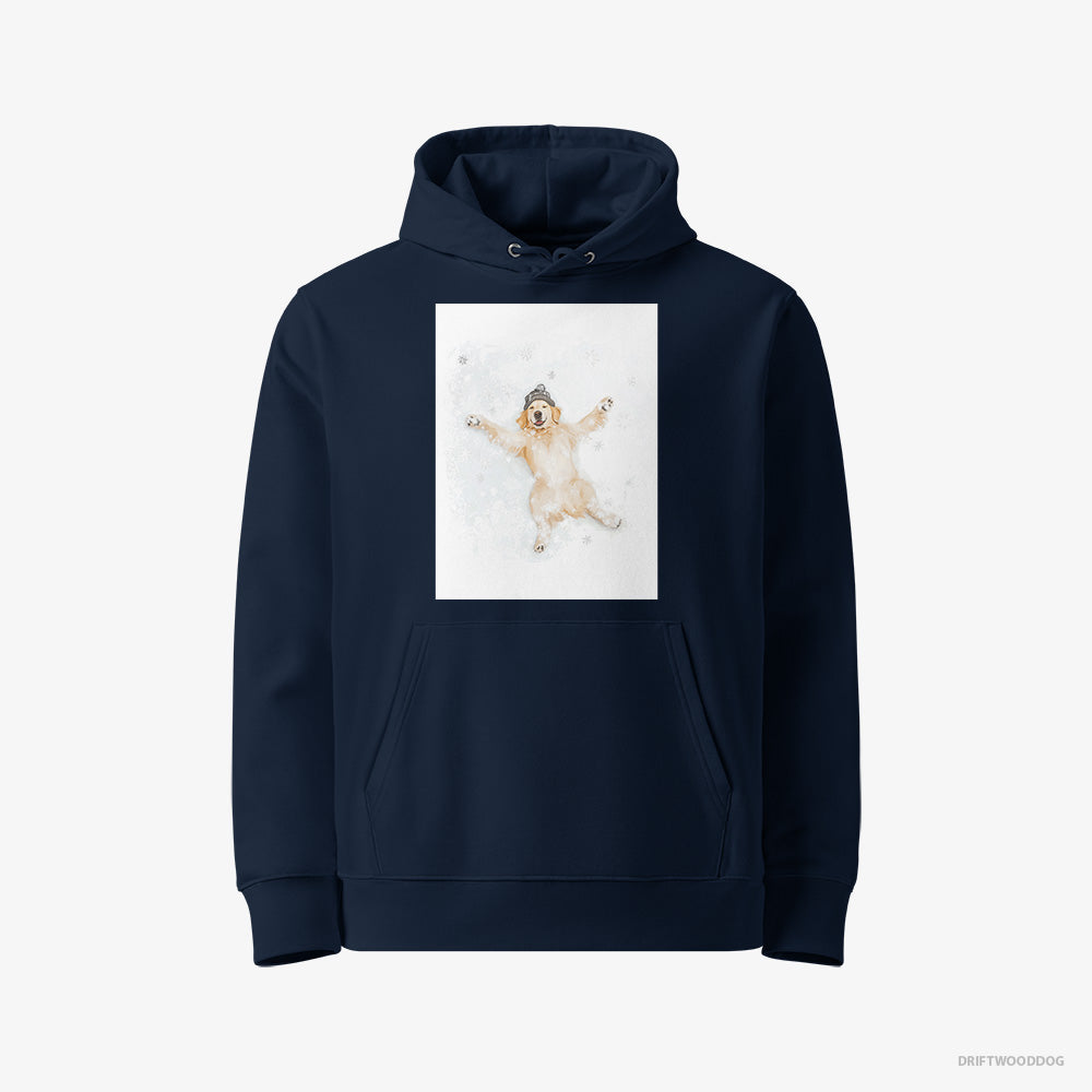 Golden Retriever Hoodie – Women Navy Hoodie Eco-Friendly – Making a Snow Angel (on White Background)