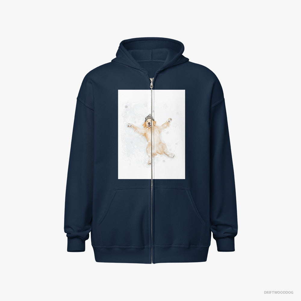 Golden Retriever Hoodie – Men Navy Hoodie Full-Zip – Making a Snow Angel (on White Background)