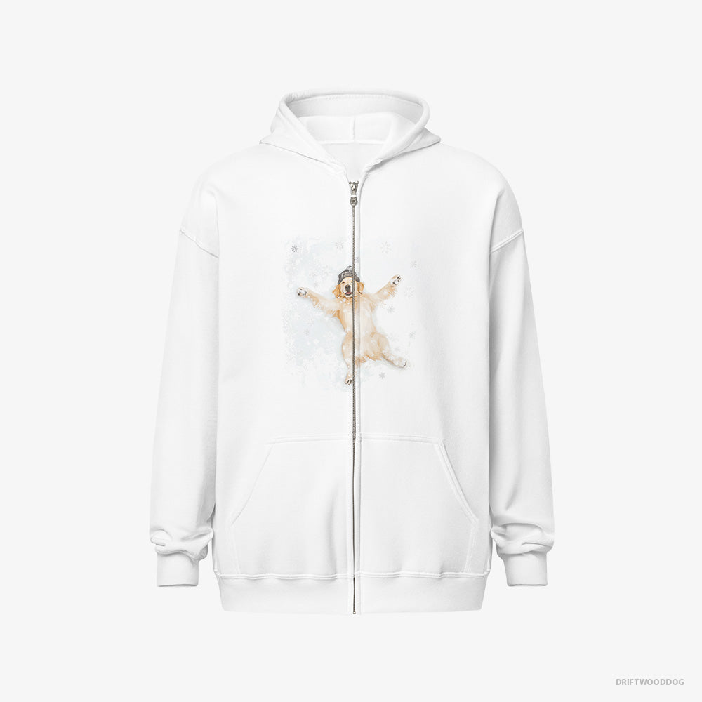 Golden Retriever Hoodie – Men White Hoodie Full-Zip – Making a Snow Angel (on White Background)