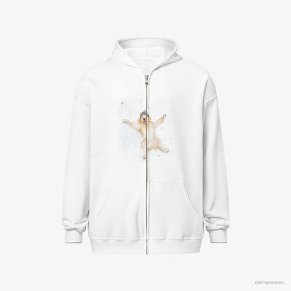 Golden Retriever Hoodie – Men White Hoodie Full-Zip – Making a Snow Angel (on White Background)