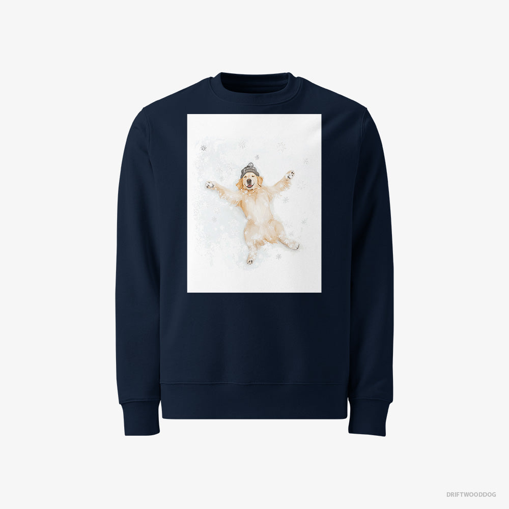 Golden Retriever Sweatshirt – Men Navy Sweatshirt Classic – Making a Snow Angel (on White Background)