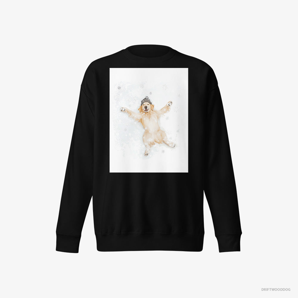 Golden Retriever Sweatshirt – Women Black Sweatshirt Eco-Friendly – Making a Snow Angel (on White Background)