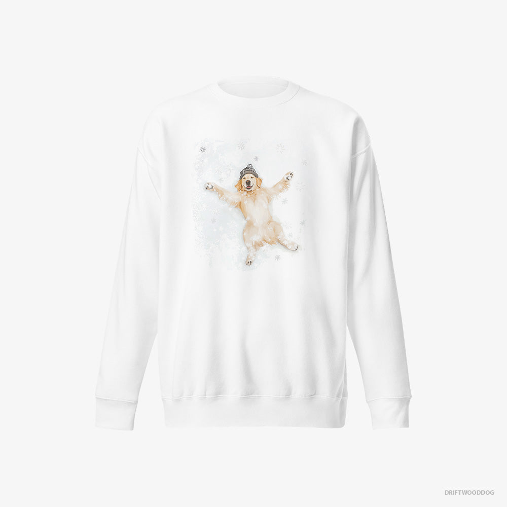 Golden Retriever Sweatshirt – Women White Sweatshirt Eco-Friendly – Making a Snow Angel (on White Background)