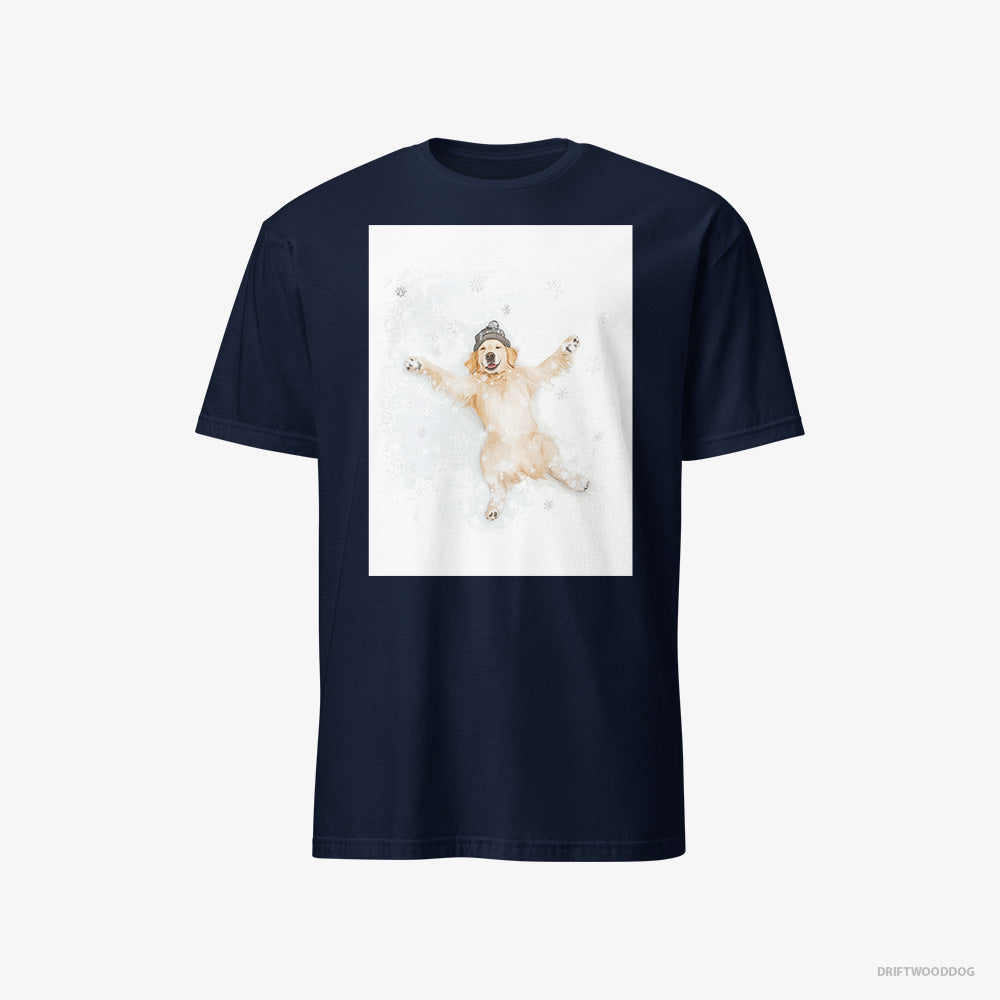 Golden Retriever T-Shirt – Men Navy T-Shirt Classic – Making a Snow Angel (on White Background)