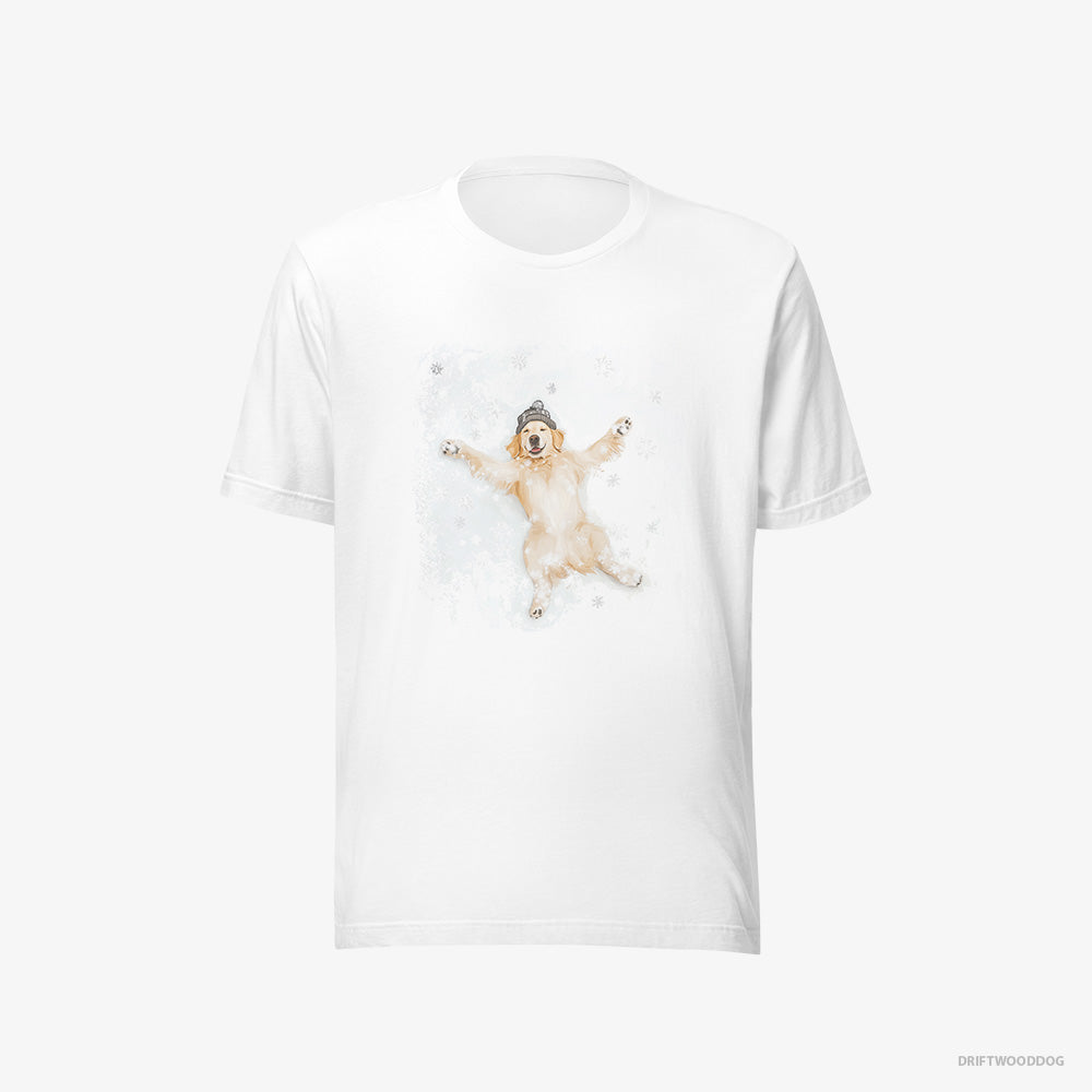 Golden Retriever T-Shirt – Men White T-Shirt Eco-Friendly – Making a Snow Angel (on White Background)