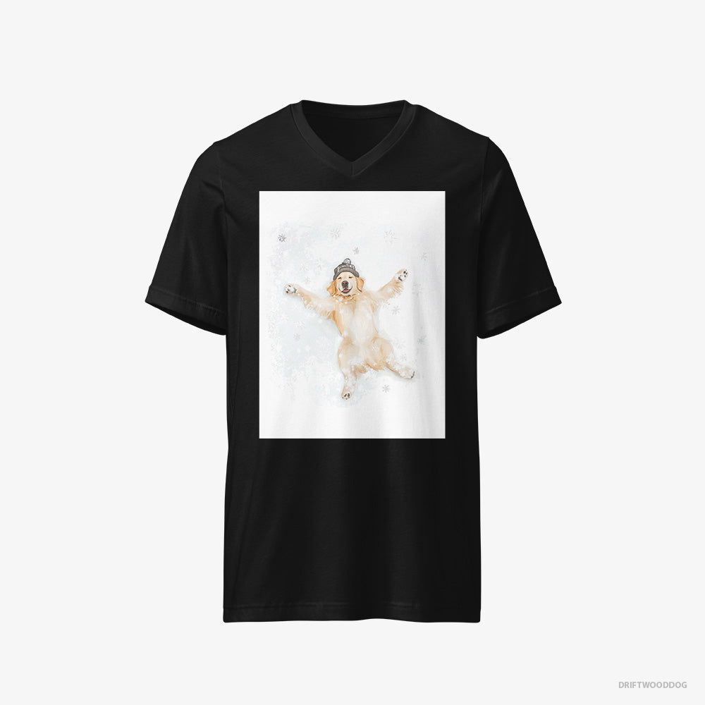 Golden Retriever T-Shirt – Women Black T-Shirt V-Neck – Making a Snow Angel (on White Background)