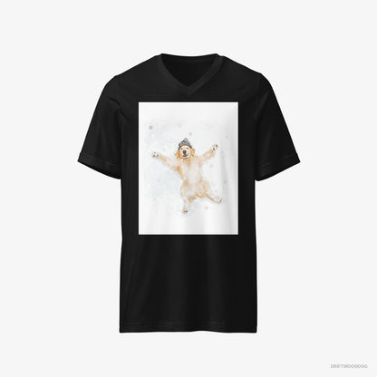 Golden Retriever T-Shirt – Women Black T-Shirt V-Neck – Making a Snow Angel (on White Background)