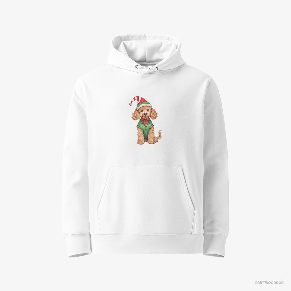 Poodle Hoodie – Women White Hoodie Eco-Friendly – Wearing an Elf Outfit (on White Background)