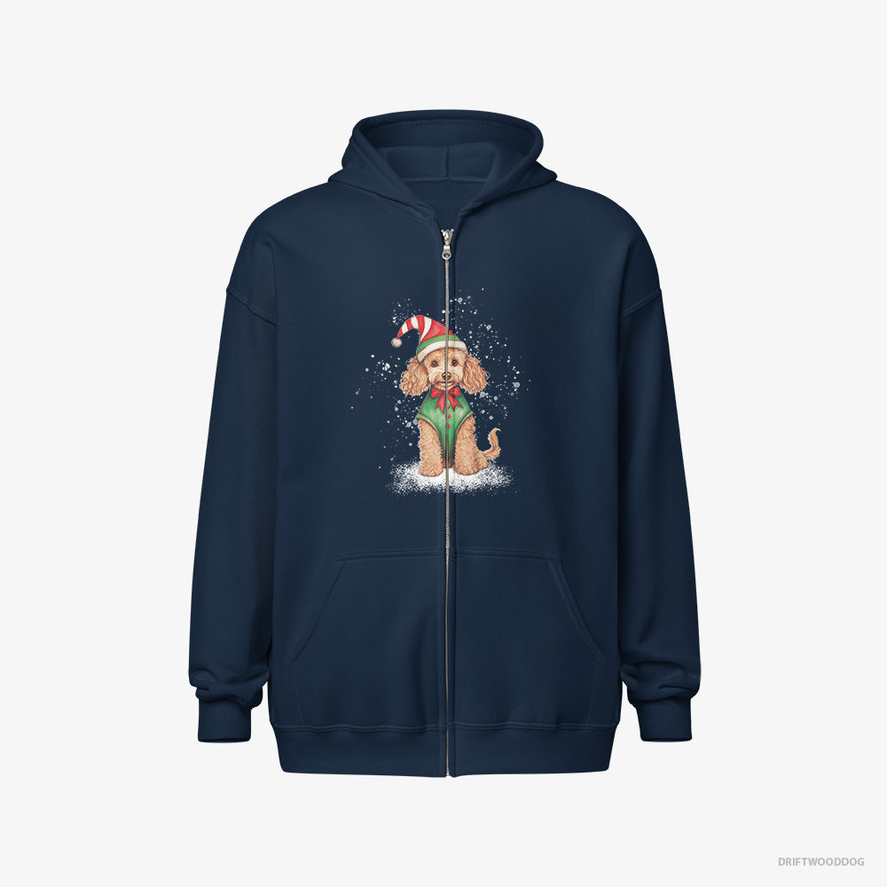 Poodle Hoodie – Men Navy Hoodie Full-Zip – Wearing an Elf Outfit (on White Background)