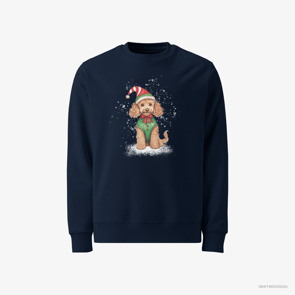 Poodle Sweatshirt – Men Navy Sweatshirt Classic – Wearing an Elf Outfit (on White Background)