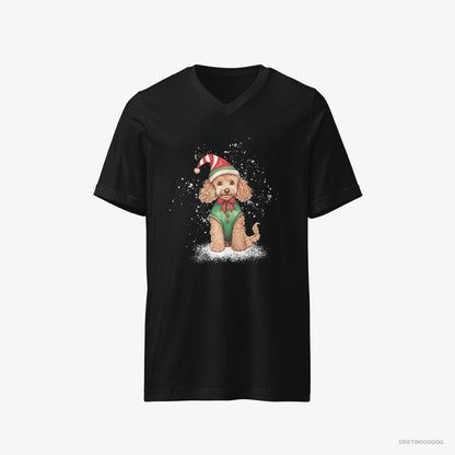 Poodle T-Shirt – Men Black T-Shirt V-Neck – Wearing an Elf Outfit (on White Background)