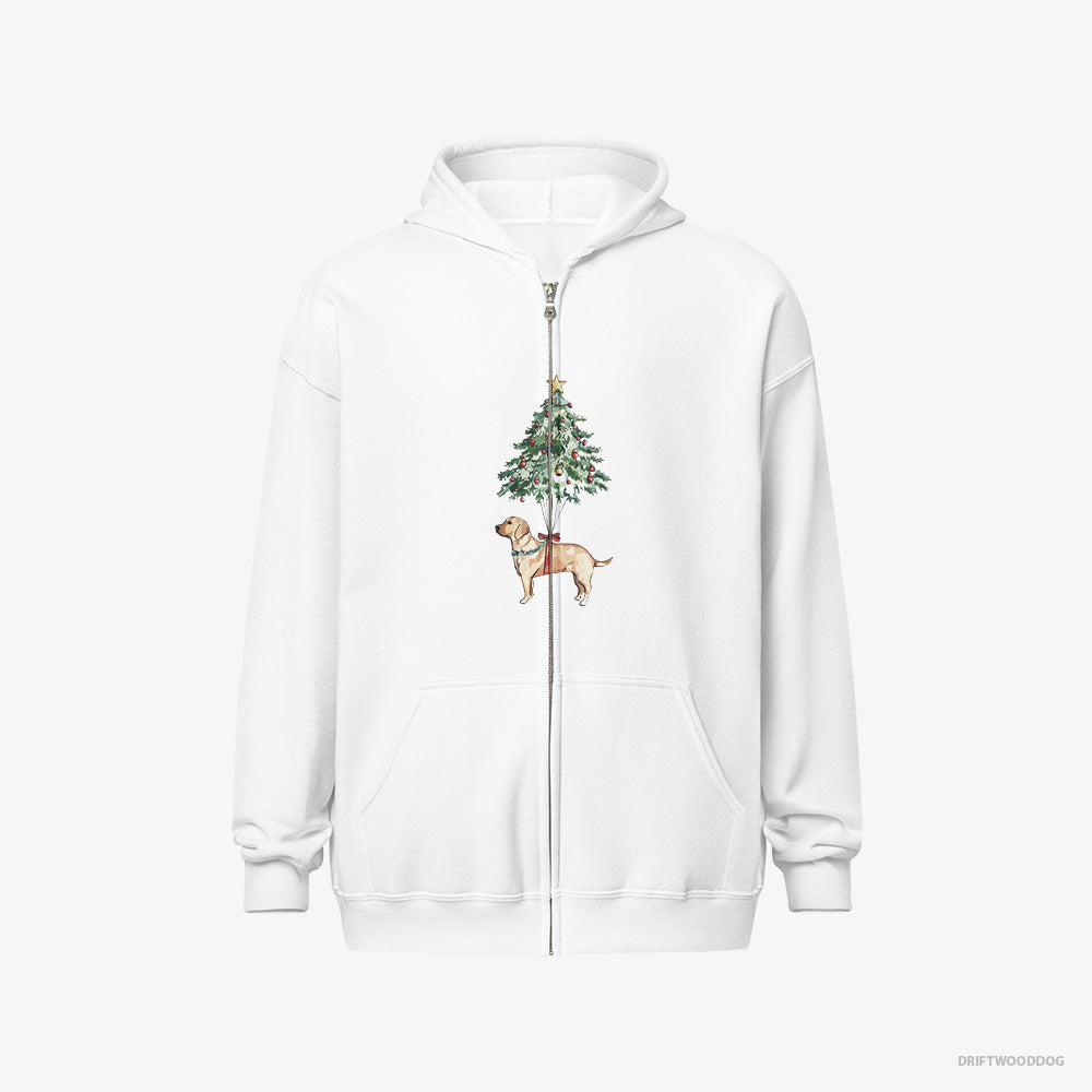 Labrador Retriever Hoodie – Men White Hoodie Full-Zip – Hanging on the Christmas Tree (on White Background)