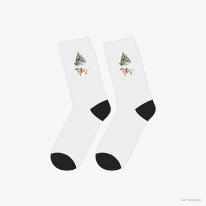 Labrador Retriever Socks – Unisex White Socks Classic – Hanging on the Christmas Tree (on White Background)