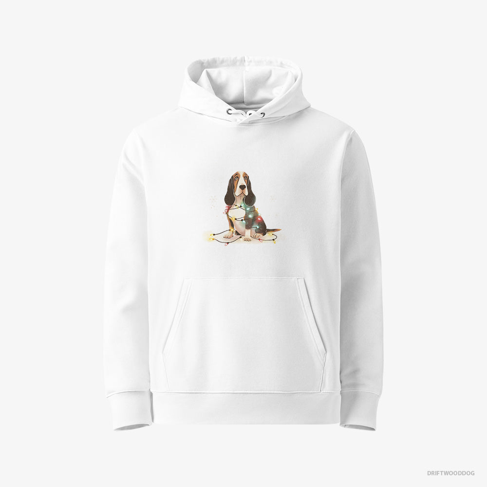 Basset Hound Hoodie – Women White Hoodie Eco-Friendly – Wrapped in Christmas Lights (on White Background)