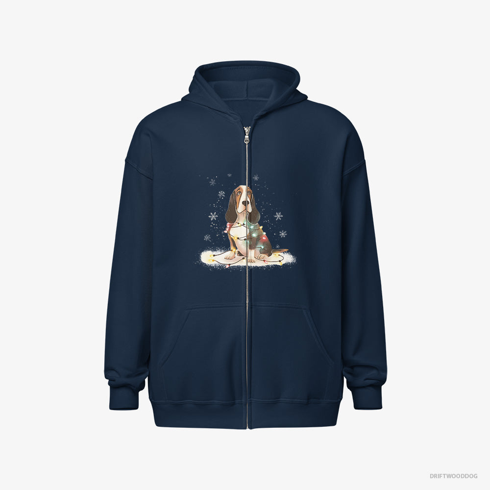 Basset Hound Hoodie – Men Navy Hoodie Full-Zip – Wrapped in Christmas Lights (on White Background)