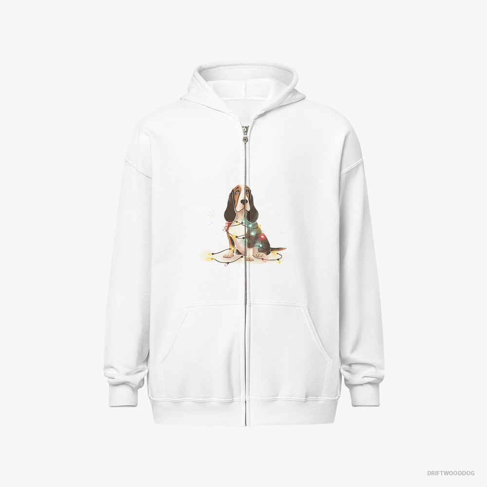 Basset Hound Hoodie – Men White Hoodie Full-Zip – Wrapped in Christmas Lights (on White Background)