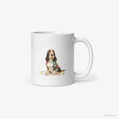 Basset Hound Wrapped in Christmas Lights White Mug