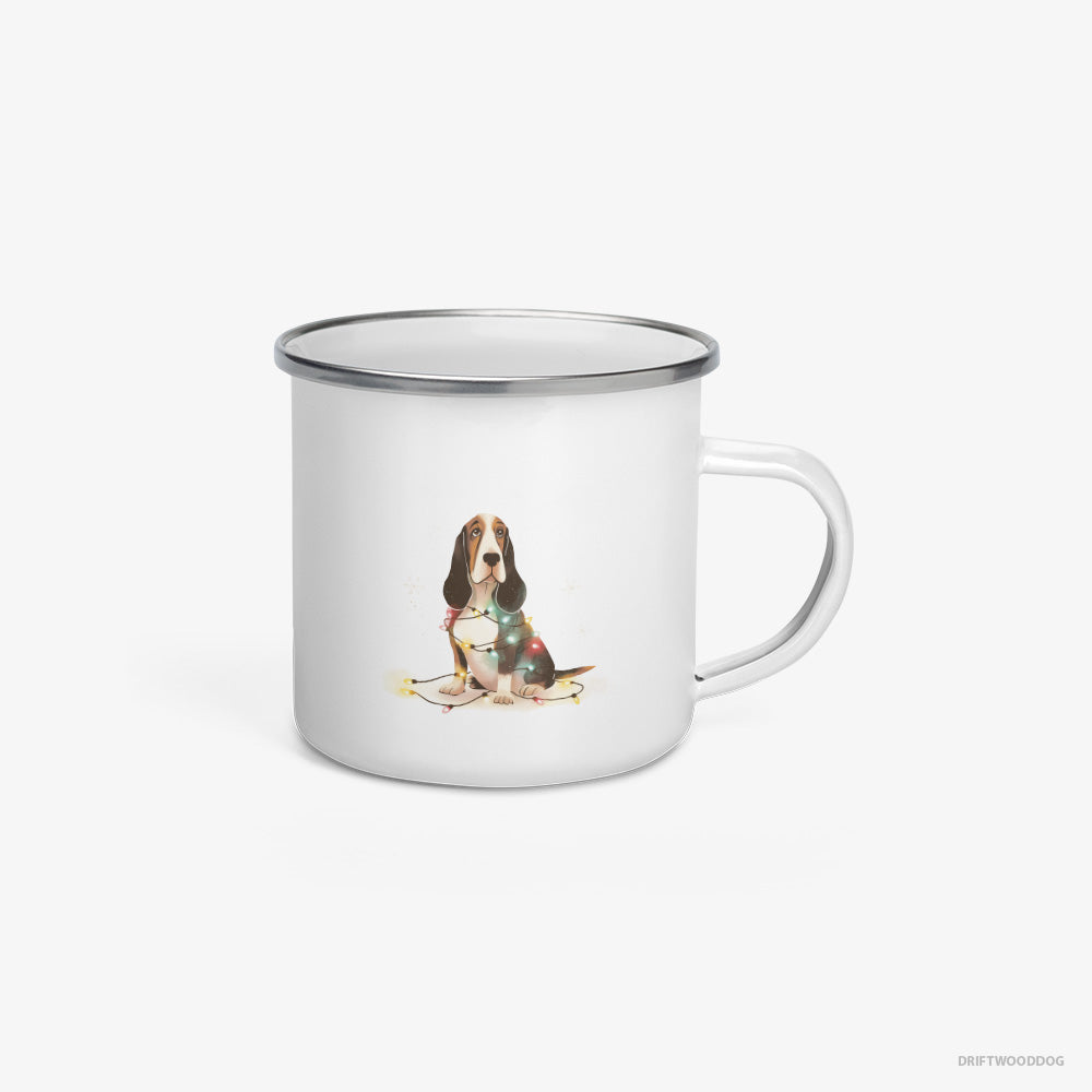 Basset Hound Wrapped in Christmas Lights Enamel Mug