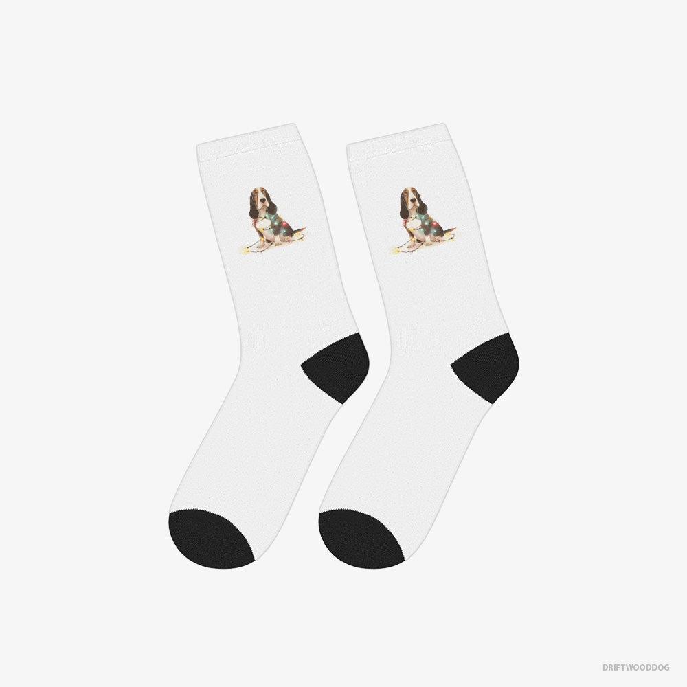 Basset Hound Socks – Unisex White Socks Classic – Wrapped in Christmas Lights (on White Background)