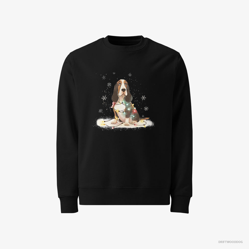 Basset Hound Sweatshirt – Men Black Sweatshirt Classic – Wrapped in Christmas Lights (on White Background)