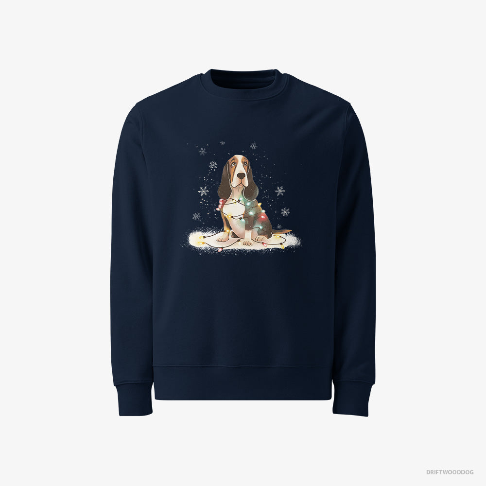 Basset Hound Sweatshirt – Men Navy Sweatshirt Classic – Wrapped in Christmas Lights (on White Background)