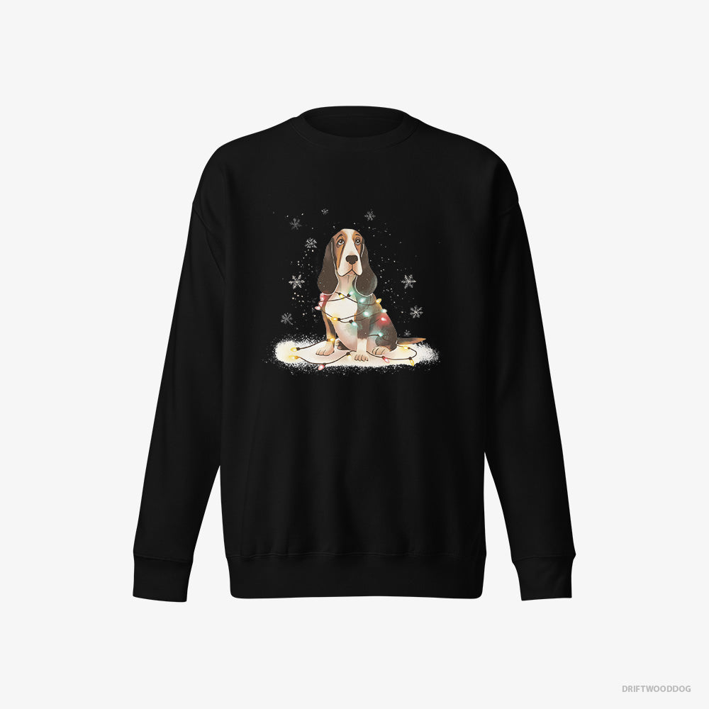 Basset Hound Sweatshirt – Men Black Sweatshirt Eco-Friendly – Wrapped in Christmas Lights (on White Background)