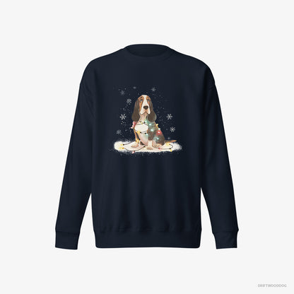 Basset Hound Sweatshirt – Men Navy Sweatshirt Eco-Friendly – Wrapped in Christmas Lights (on White Background)