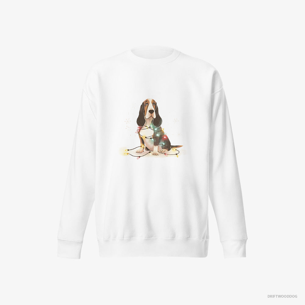 Basset Hound Sweatshirt – Men White Sweatshirt Eco-Friendly – Wrapped in Christmas Lights (on White Background)