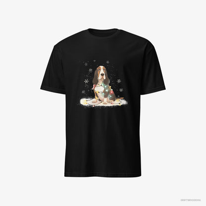 Basset Hound Wrapped in Christmas Lights Black T-Shirt