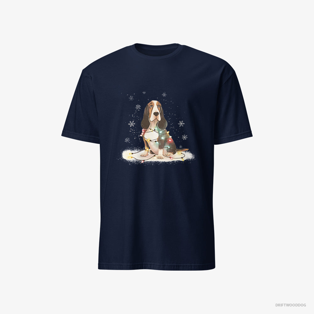 Basset Hound T-Shirt – Men Navy T-Shirt Classic – Wrapped in Christmas Lights (on White Background)