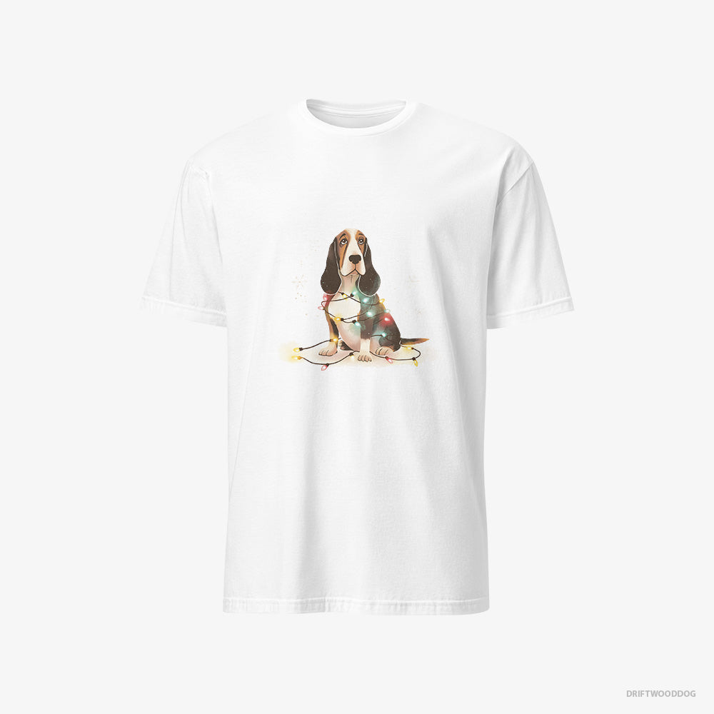 Basset Hound T-Shirt – Men White T-Shirt Classic – Wrapped in Christmas Lights (on White Background)