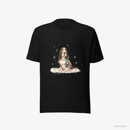 Basset Hound Wrapped in Christmas Lights Black T-Shirt