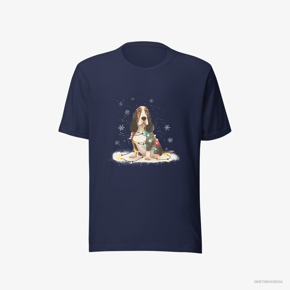 Basset Hound T-Shirt – Women Navy T-Shirt Eco-Friendly – Wrapped in Christmas Lights (on White Background)