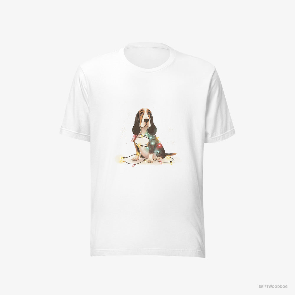 Basset Hound T-Shirt – Women White T-Shirt Eco-Friendly – Wrapped in Christmas Lights (on White Background)